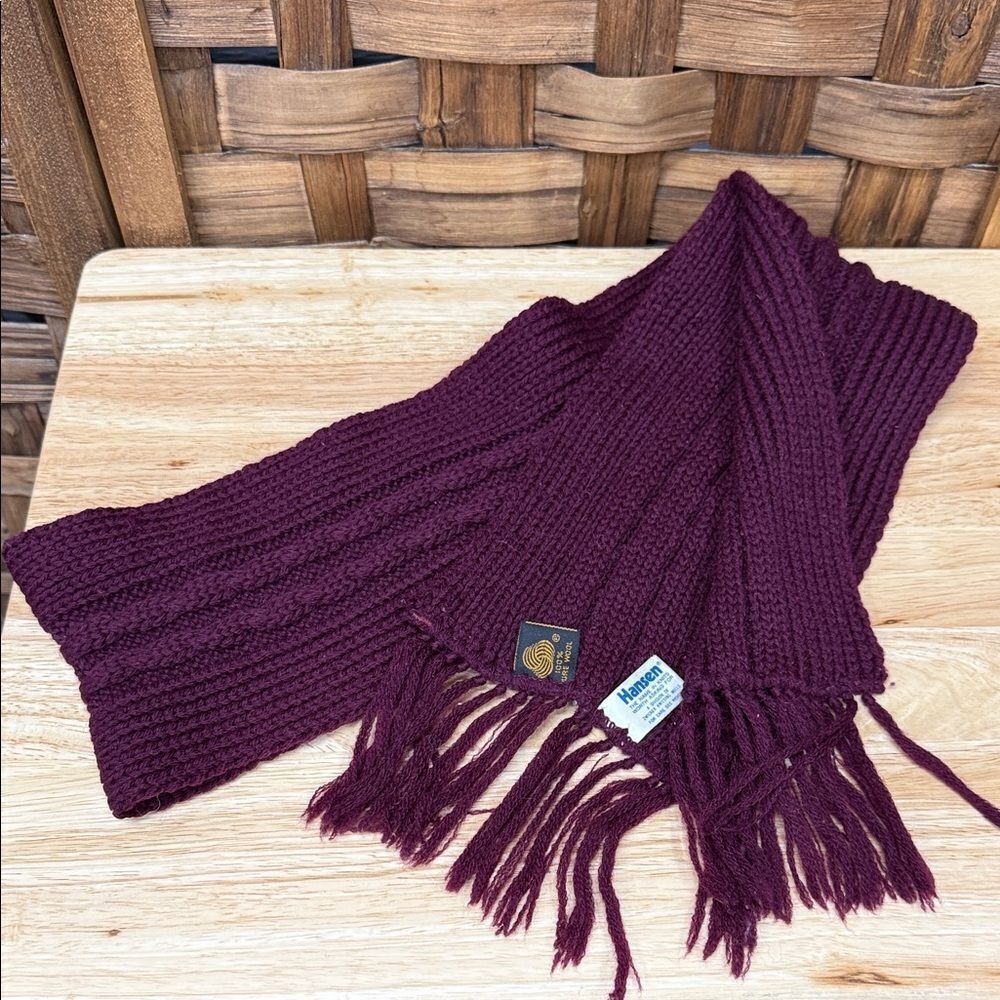 Vintage Pure Wool Burgundy Knit Scarf with Fringe